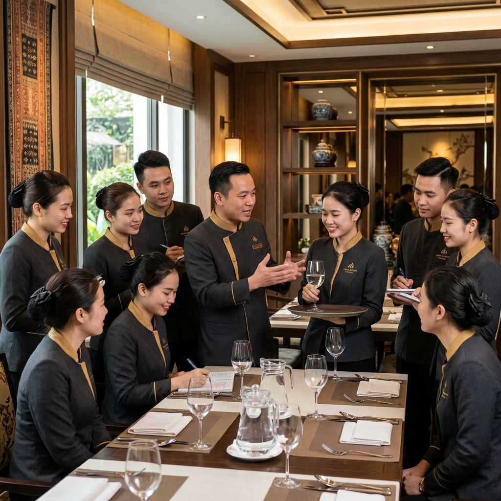 Hospitality students in practical service training